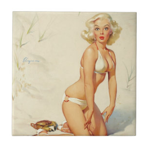 Op het strand Retro Pin-up Girl Tegeltje