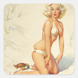 Op het strand Retro Pin-up Girl Vierkante Sticker