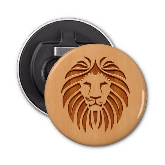 Op houten ontwerpen gegraveerde leeuwenkop button flesopener (Voorkant)