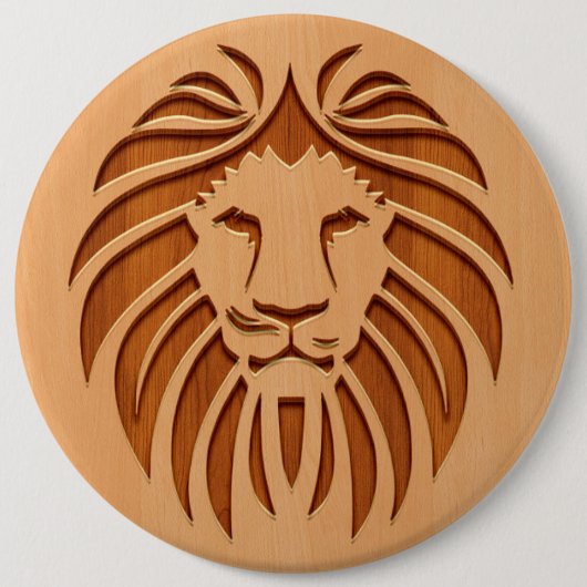 Op houten ontwerpen gegraveerde leeuwenkop ronde button 6,0 cm (Voorkant)