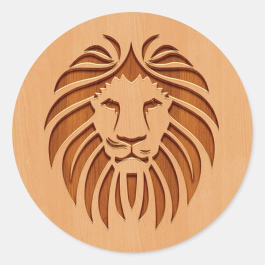Op houten ontwerpen gegraveerde leeuwenkop ronde sticker (Voorkant)