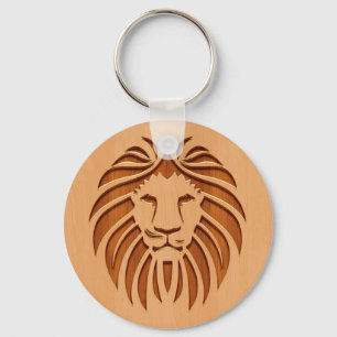 Op houten ontwerpen gegraveerde leeuwenkop sleutelhanger