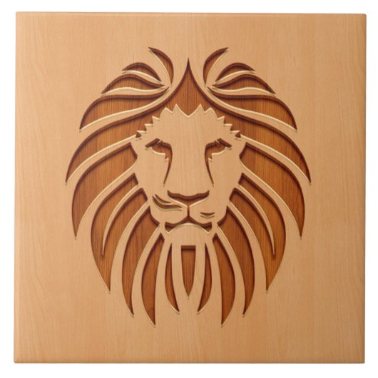 Op houten ontwerpen gegraveerde leeuwenkop tegeltje (Voorkant)