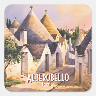 Op maat gemaakt Alberobello Trulli Huis Aquarel Re Vierkante Sticker