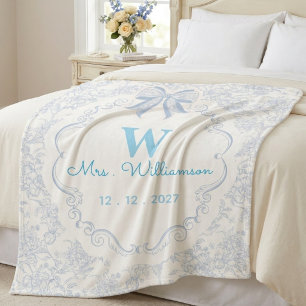 Op maat gemaakt blauwe toile monogram bruidsfeest sherpa deken