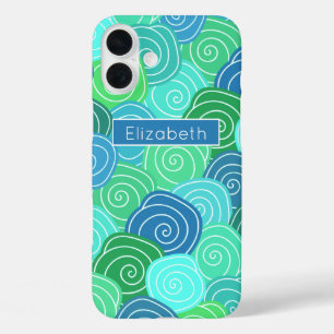 Op maat gemaakt blauwgroen rollend cirkelpatroon iPhone 16 plus hoesje