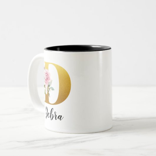 Op maat gemaakt bloemenmonogram initiële naam tweekleurige koffiemok (Voorkant links)