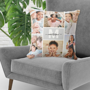 Op maat gemaakt familiefotocollage met monogram kussen