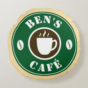 Op maat gemaakt logo van koffiezaak rond kussen