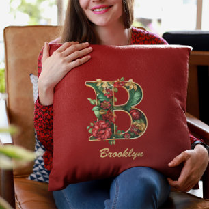Op maat gemaakt Sierlijk Monogram B Kerstmis Rood Kussen