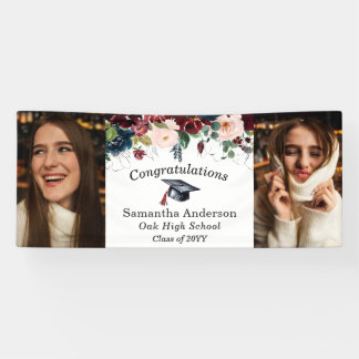 Op maat gemaakte 2 foto bordeauxrood bloemengradua spandoek