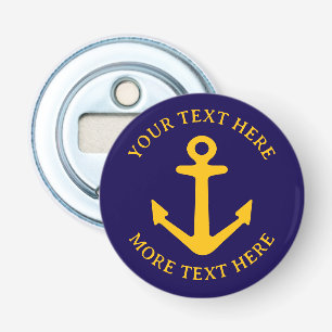 Op maat gemaakte anker in marineblauw en geel button flesopener