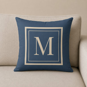 Op maat gemaakte blauwe en vanille omrande monogra kussen