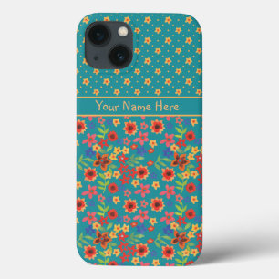 Op maat gemaakte bloemendrukken op een teal Samsun iPhone 13 Hoesje