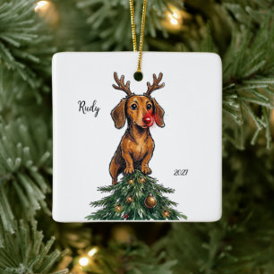 Op maat gemaakte Dachshund Kerstmis Keramisch Ornament