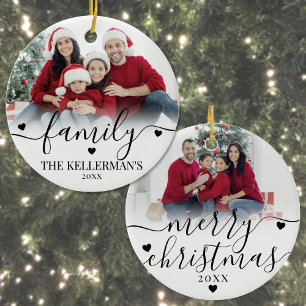 Op maat gemaakte dubbelzijdige familie kerstkaart keramisch ornament