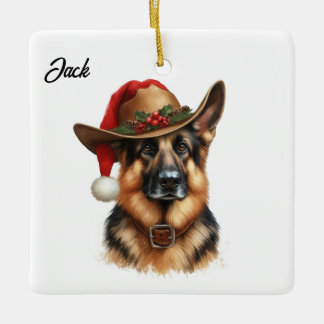 Op maat gemaakte Duitse Herdershond Kerst Cowboyho Keramisch Ornament