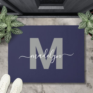 Op maat gemaakte elegante marineblauwe monogram na deurmat