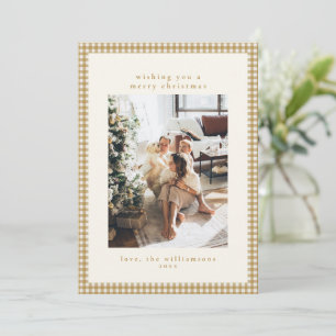 Op maat gemaakte familiefoto goud geruit kerstmis feestdagenkaart