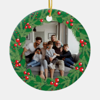 Op maat gemaakte familiefoto Kerstmis Hulst Krans Keramisch Ornament