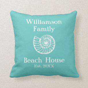 Op maat gemaakte familiestrandhuis schelp turquois kussen