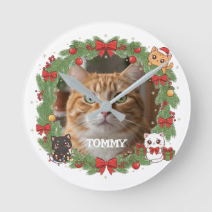 Op maat gemaakte foto- en huisdiernaam Kerstmis Ronde Klok