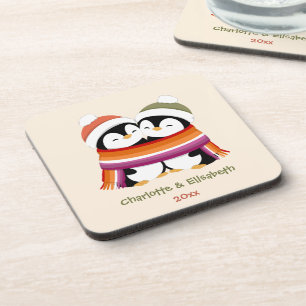 Op maat gemaakte gezellige lesbische pinguïns Kers Bier Onderzetter