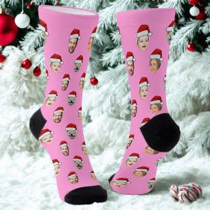 Op maat gemaakte gezicht Santa-hoed Roze sokken, 4 Sokken
