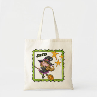 Op maat gemaakte Halloween Heksenmeisje op Bezem m Tote Bag