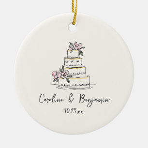 Op maat gemaakte handgeschreven roze crèmecake met keramisch ornament