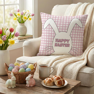 Op maat gemaakte Happy Easter Bunny Roze Gingham P Kussen