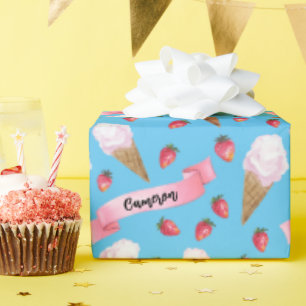 Op maat gemaakte lichtblauwe aardbeien ijsje cadeaupapier