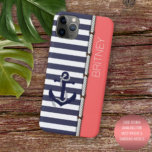 Op maat gemaakte marine donkerblauw wit koraal roo iPhone 16 pro max hoesje