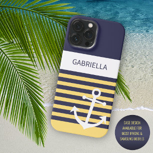 Op maat gemaakte marine donkerblauw wit zonnige ge iPhone 15 pro max hoesje