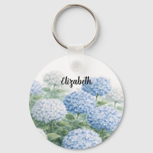 Op maat gemaakte naam blauwe hortensia-schildering sleutelhanger