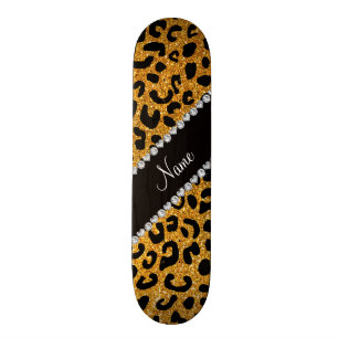 Op maat gemaakte naam gele glitters luipaardprint skateboard