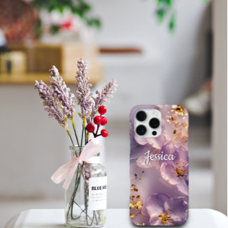 Op maat gemaakte naam Lavendel Bloem Goud Geperson iPhone 16 Pro Max Hoesje