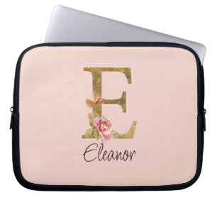 Op maat gemaakte naam Letter E Goud Folie Blush Ro Laptop Sleeve