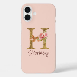 Op maat gemaakte naam Letter H Goud Folie Blush Ro iPhone 16 Plus Hoesje