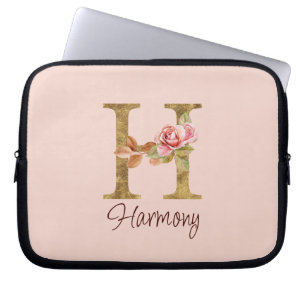 Op maat gemaakte naam Letter H Goud Folie Blush Ro Laptop Sleeve