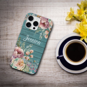 Op maat gemaakte naam Rustieke Turquoise Houten Bl iPhone 16 Pro Max Hoesje