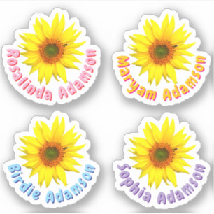 Op maat gemaakte naamstickers met zonnebloem (wate sticker