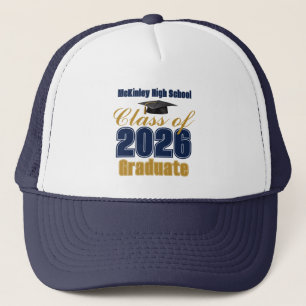 Op maat gemaakte Navy Blue Gold Klasse van 2026 Af Trucker Pet