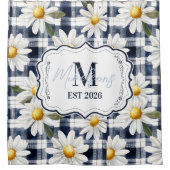 Op maat gemaakte Navy Gingham Madeliefjes Monogram Douchegordijn (Voorkant)