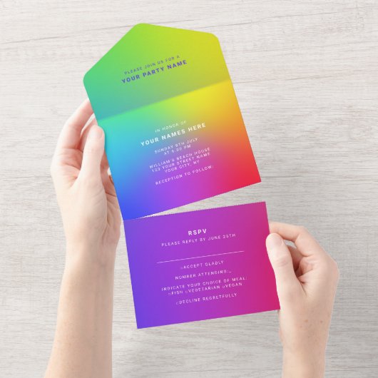 Op maat gemaakte Oogverblindende Regenboog Moderne All In One Uitnodiging (Afscheurbaar)
