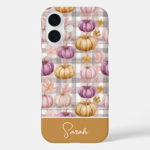 Op maat gemaakte pompoen en bloemen geruit patroon iPhone 16 hoesje