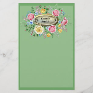 Op maat gemaakte roze-gele bloemige groen briefpapier