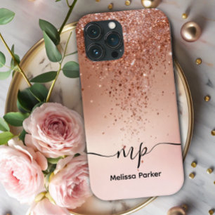 Op maat gemaakte Roze Gouden Glitter Drip Monogram iPhone 13 Pro Max Hoesje