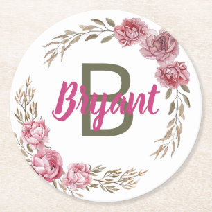 Op maat gemaakte Roze Roos Monogram Ontwerp Ronde Kartonnen Onderzetter
