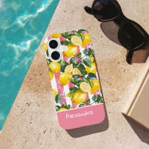 Op maat gemaakte roze strepen zomer citroen patroo iPhone 16 hoesje